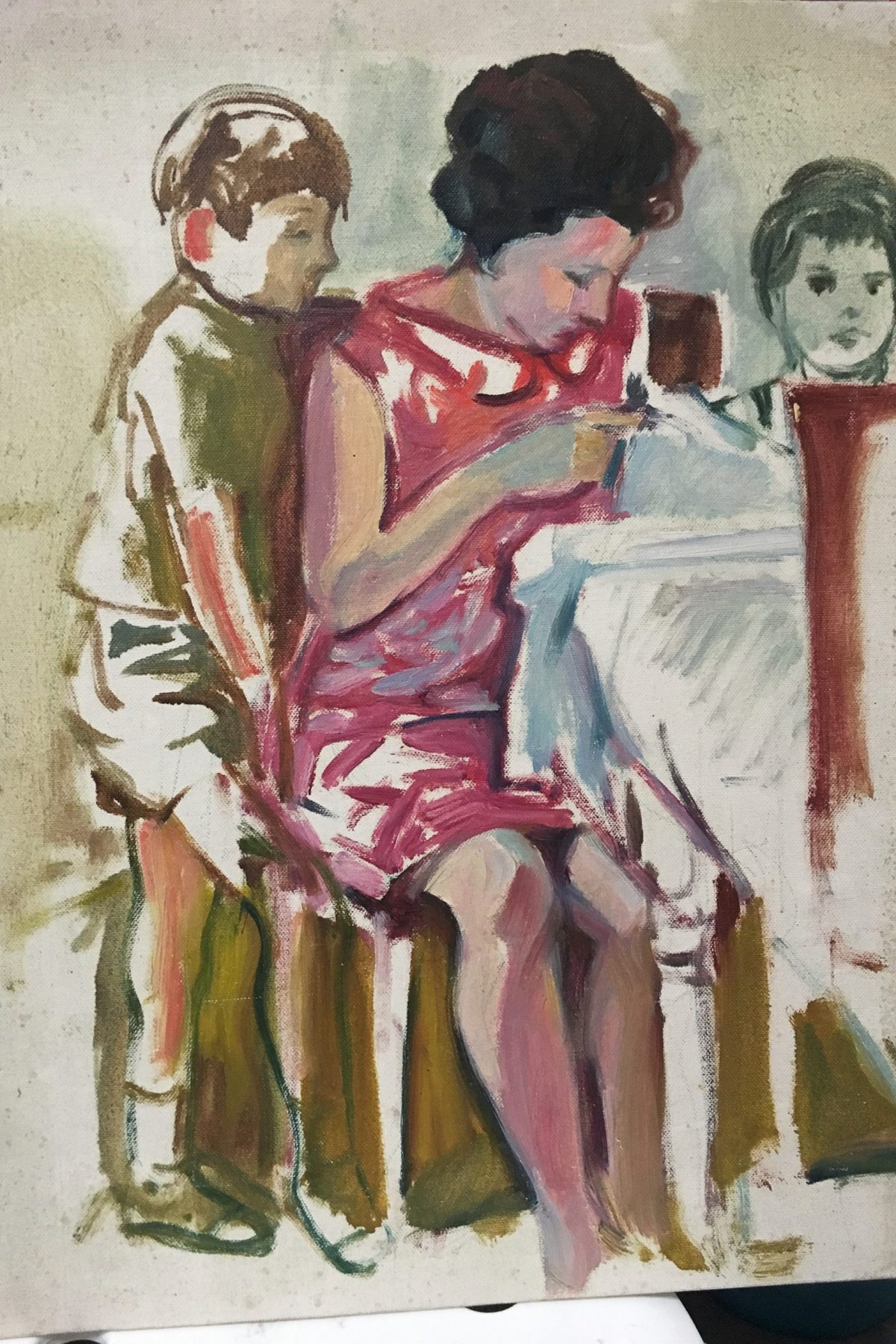 Mum sewing, with Alessandro and myself watching her
Oil painted by my father, some fifty years ago. This painting was stacked with
hundreds of other art works in my parents' house, which we had to sell - and
empty - in July 2019. I used my Canon EOS RP to document the process.